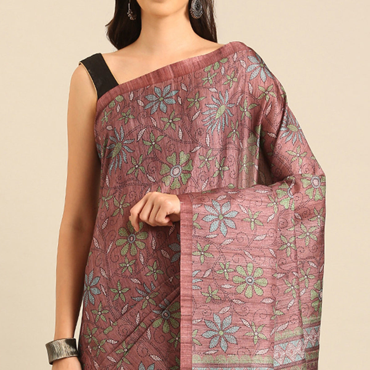 Dusty Rose Pink Floral Digital Printed Cotton Blend Saree