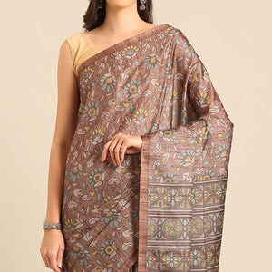 Brown Floral Digital Print Cotton Blend Saree