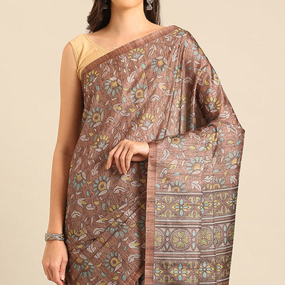 Brown Floral Digital Print Cotton Blend Saree