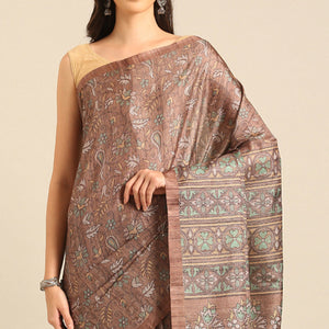 Brown Floral Digital Printed Cotton Blend Saree