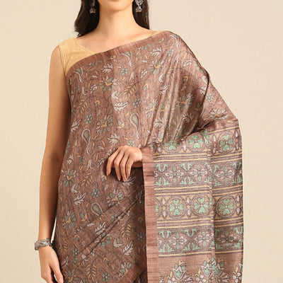 Brown Floral Digital Printed Cotton Blend Saree