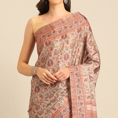 Light Peach Floral Digital Printed Cotton Blend Saree