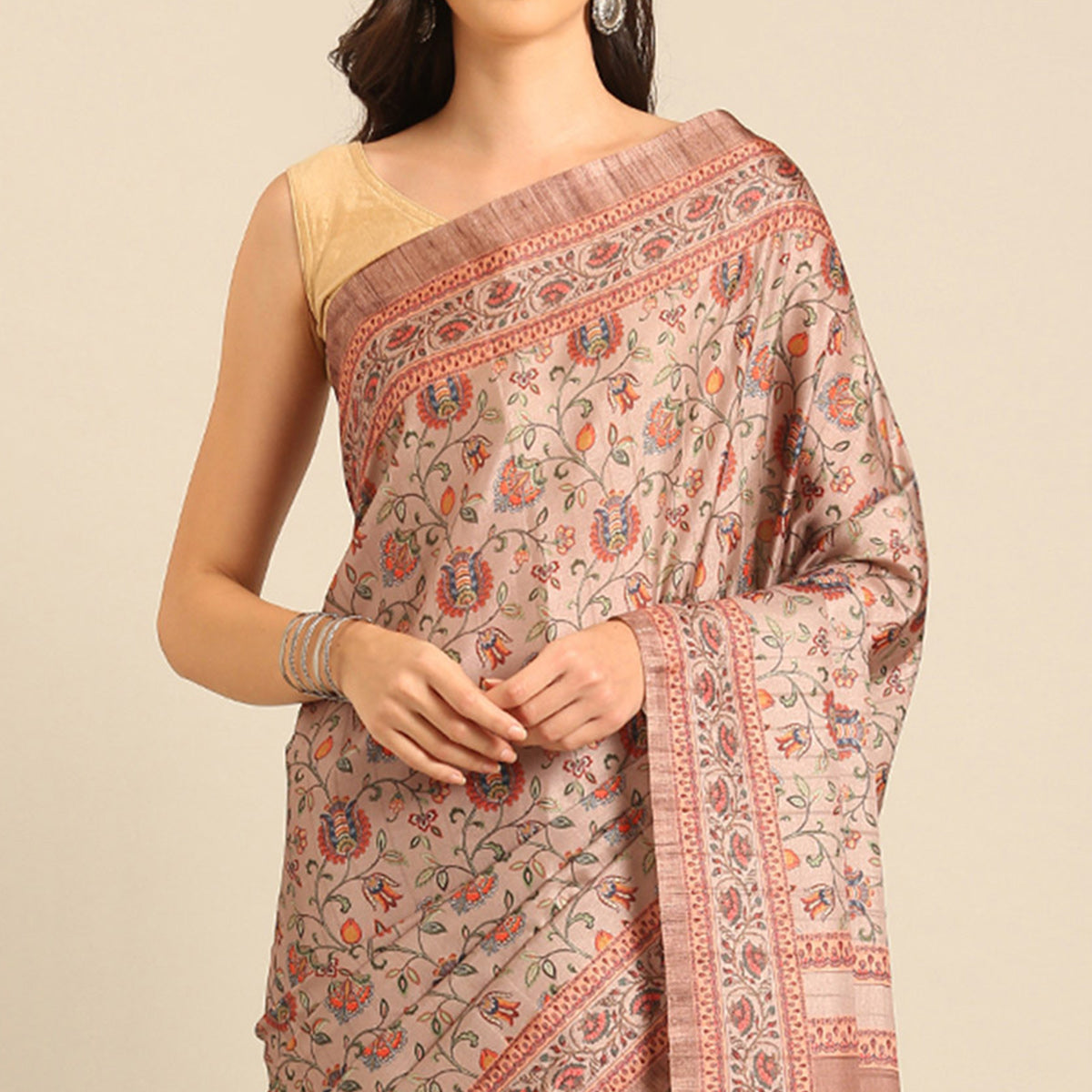 Light Peach Floral Digital Printed Cotton Blend Saree