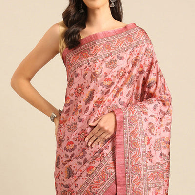 Light Pink Floral Digital Printed Cotton Blend Saree