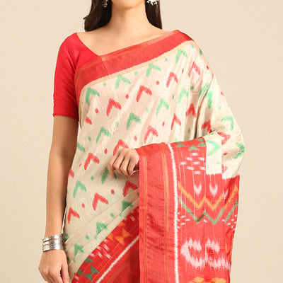 Cream Digital Patola Printed Cotton Blend Saree