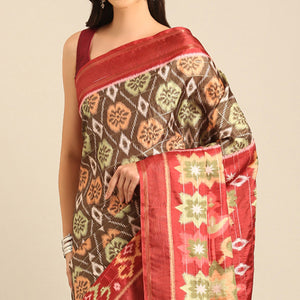 Brown Digital Patola Printed Cotton Blend Saree