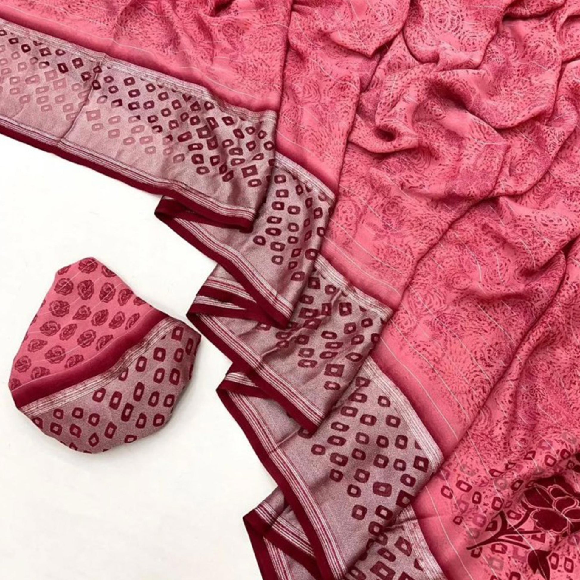 Gajri Pink Floral Printed Chiffon Saree