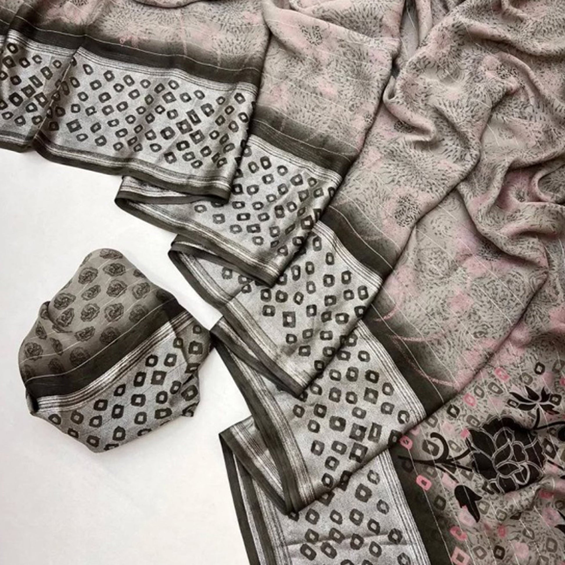 Light Brown Floral Printed Chiffon Saree