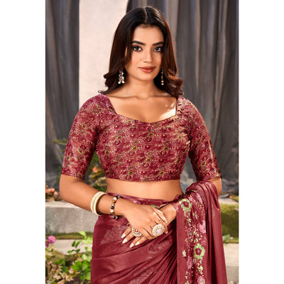 Maroon Floral Foil Printed Chiffon Saree With Tassels