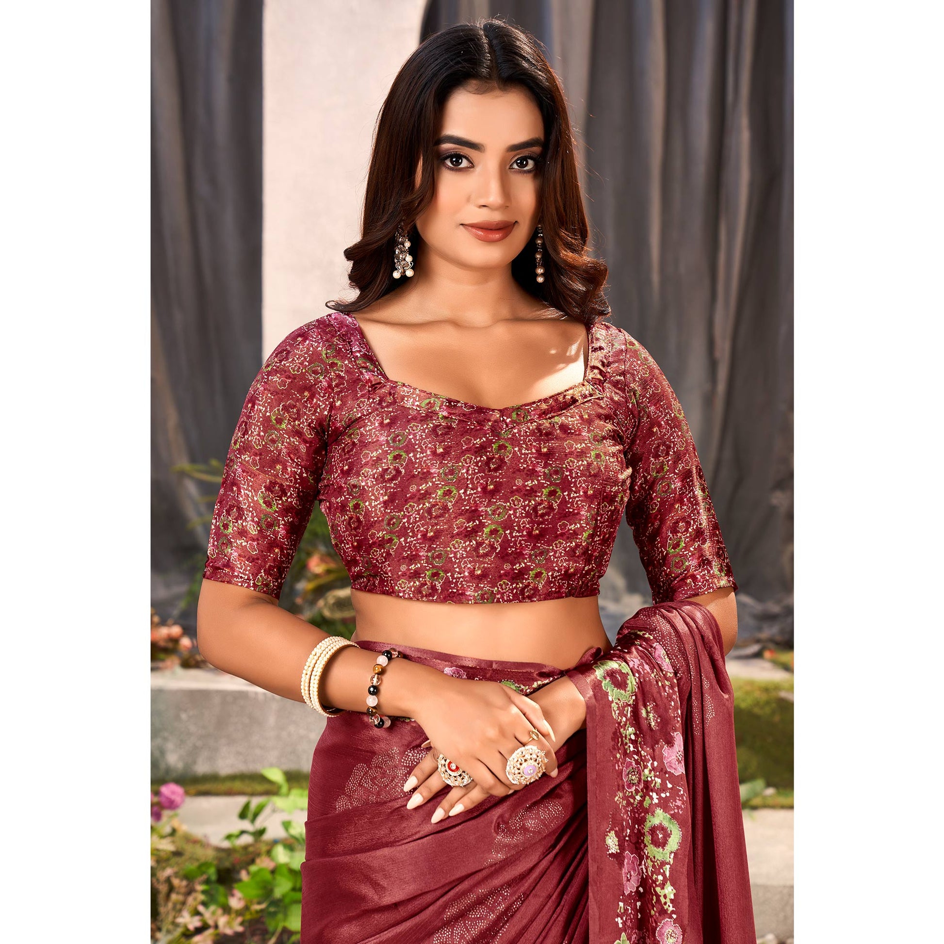 Maroon Floral Foil Printed Chiffon Saree With Tassels