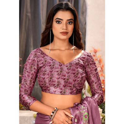 Mauve Floral Foil Printed Chiffon Saree With Tassels