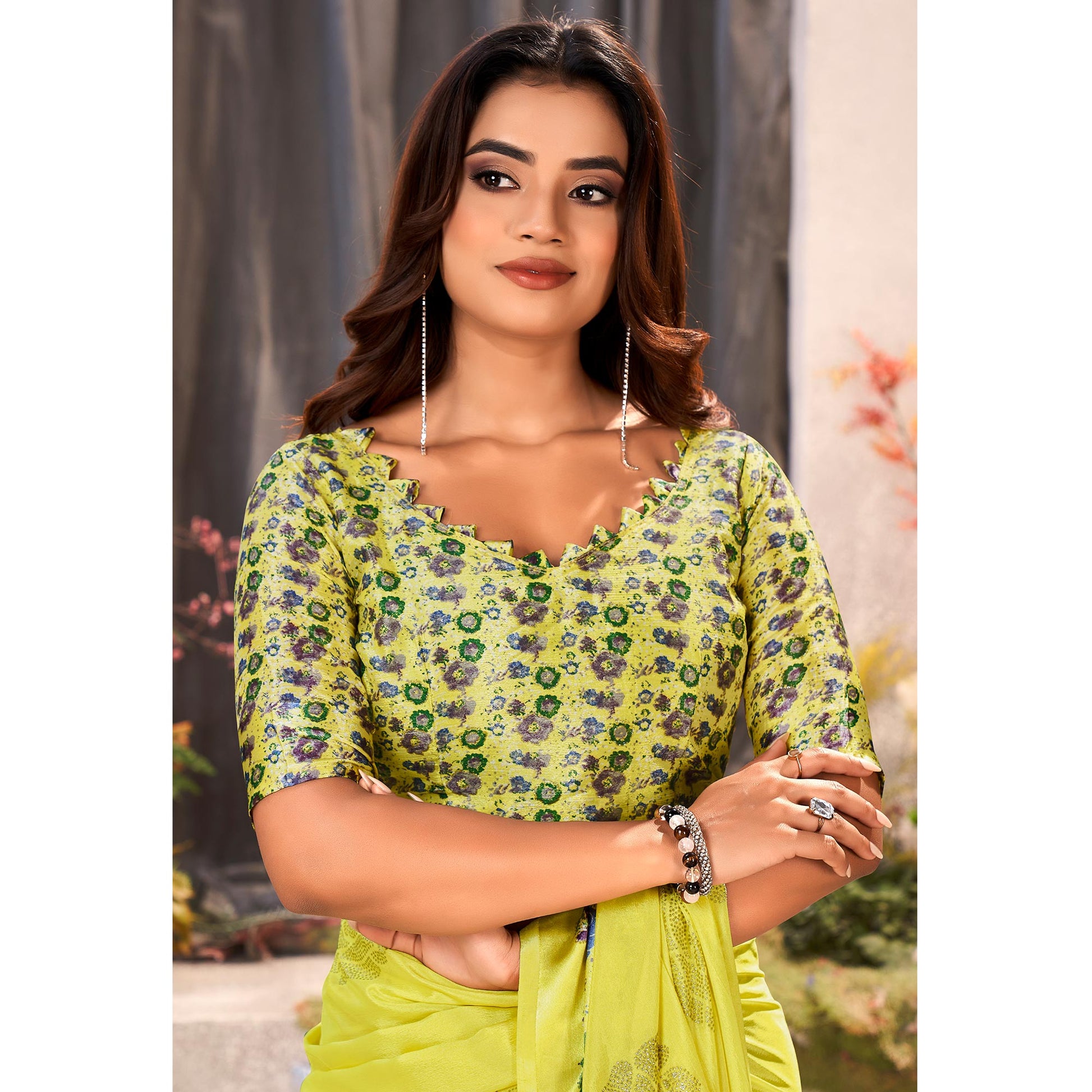 Lemon Green Floral Foil Printed Chiffon Saree With Tassels