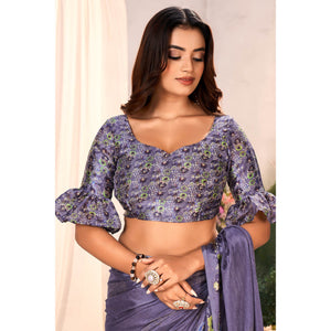 Lavender Floral Foil Printed Chiffon Saree With Tassels