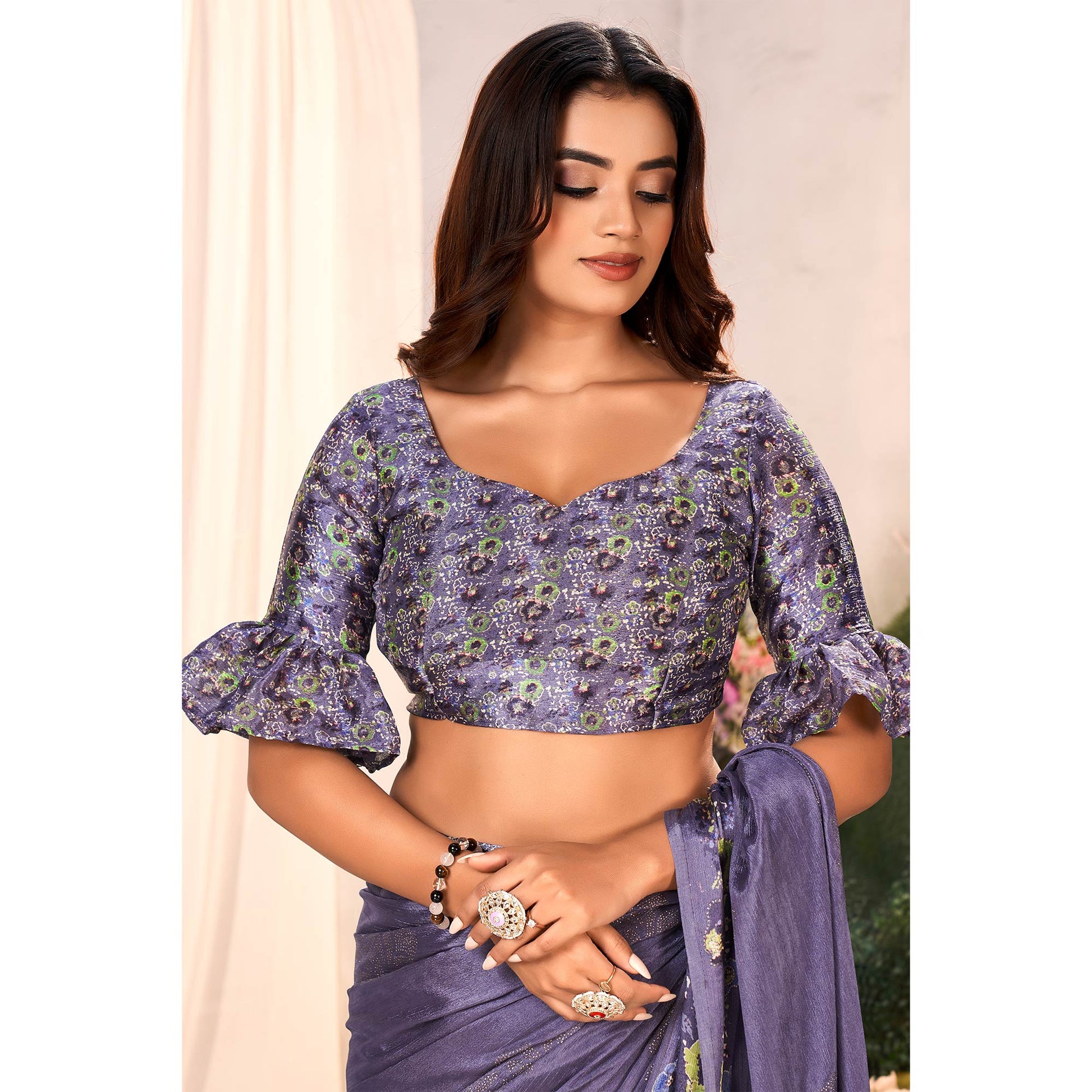 Lavender Floral Foil Printed Chiffon Saree With Tassels