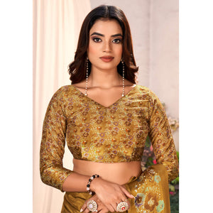 Gold Floral Foil Printed Chiffon Saree With Tassels