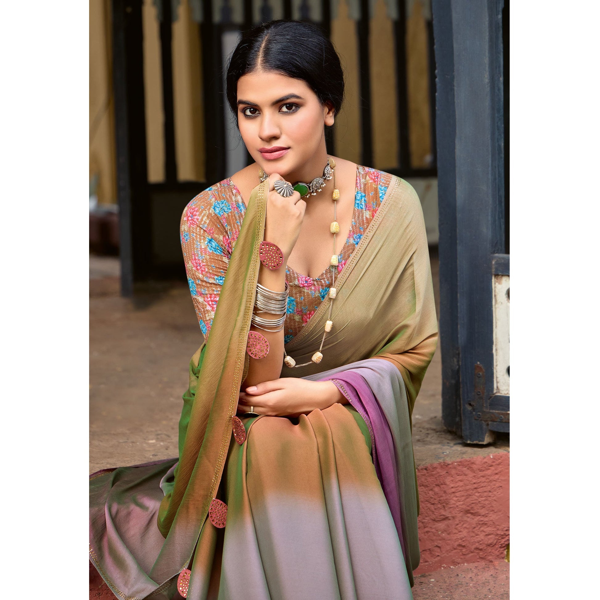 Brown Ombre Print Chiffon Sarees