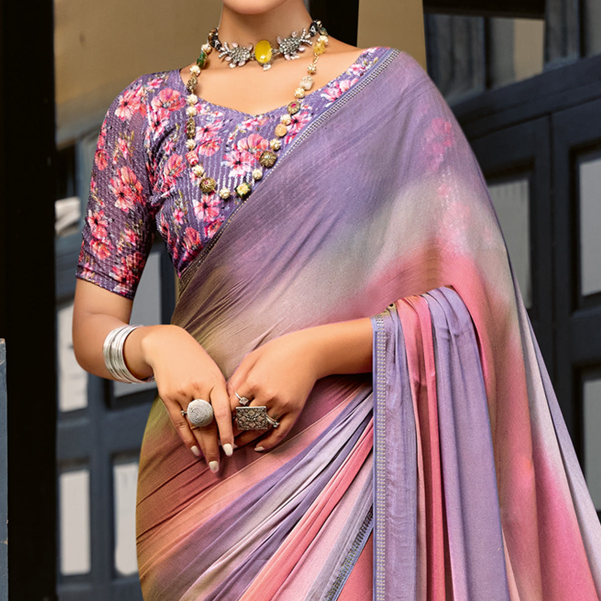 Mauve Ombre Print Chiffon Sarees