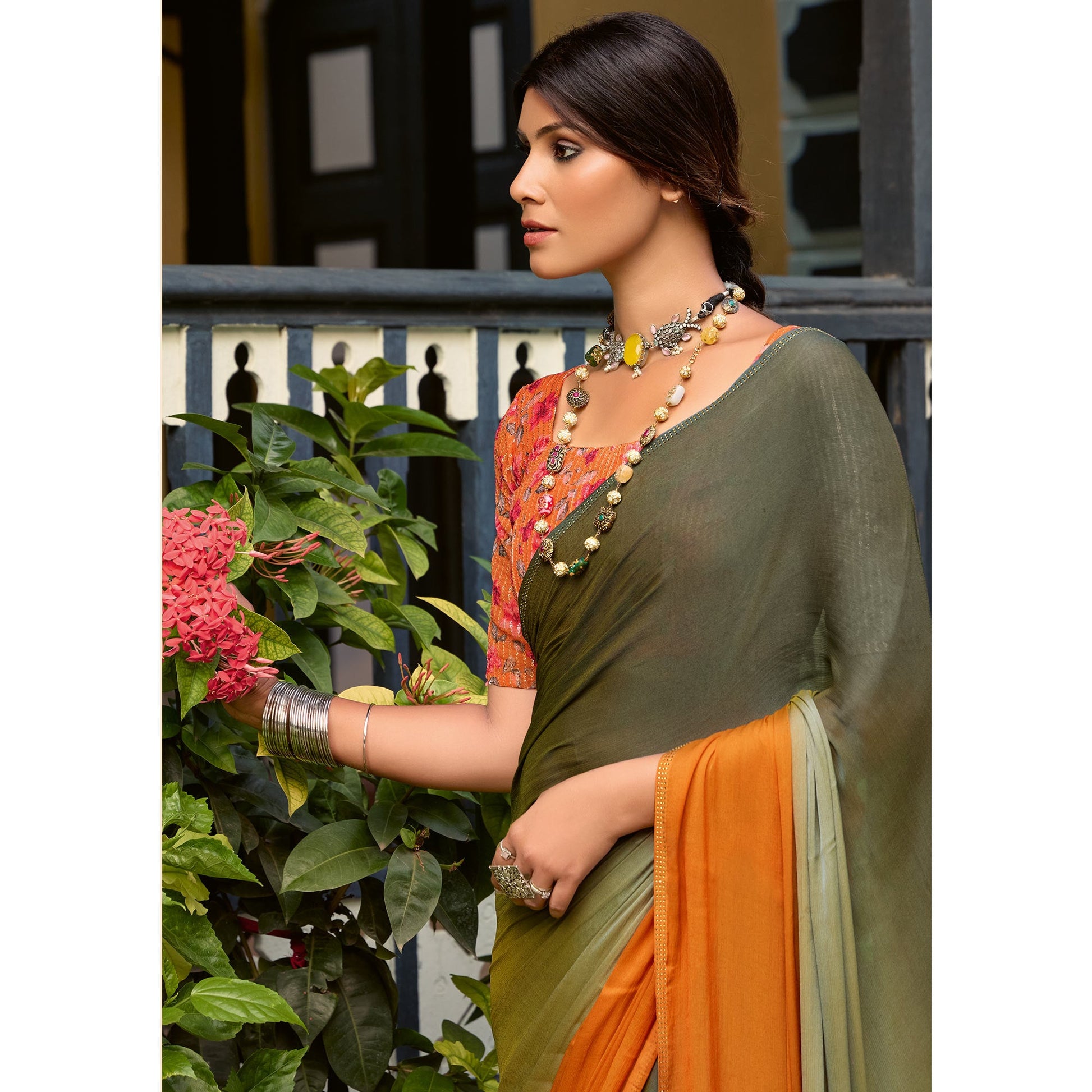 Mehandi Green & Orange Ombre Print Chiffon Sarees