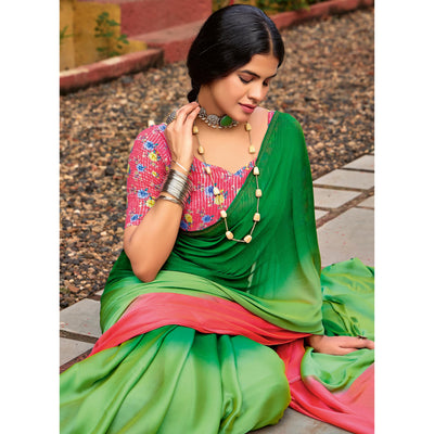 Dark Green & Red Ombre Print Chiffon Sarees