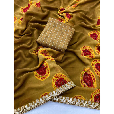 Chikoo Bandhani Printed Georgette Saree With Sequins Border