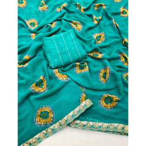 Cyan Green Bandhani Printed Georgette Saree With Sequins Border
