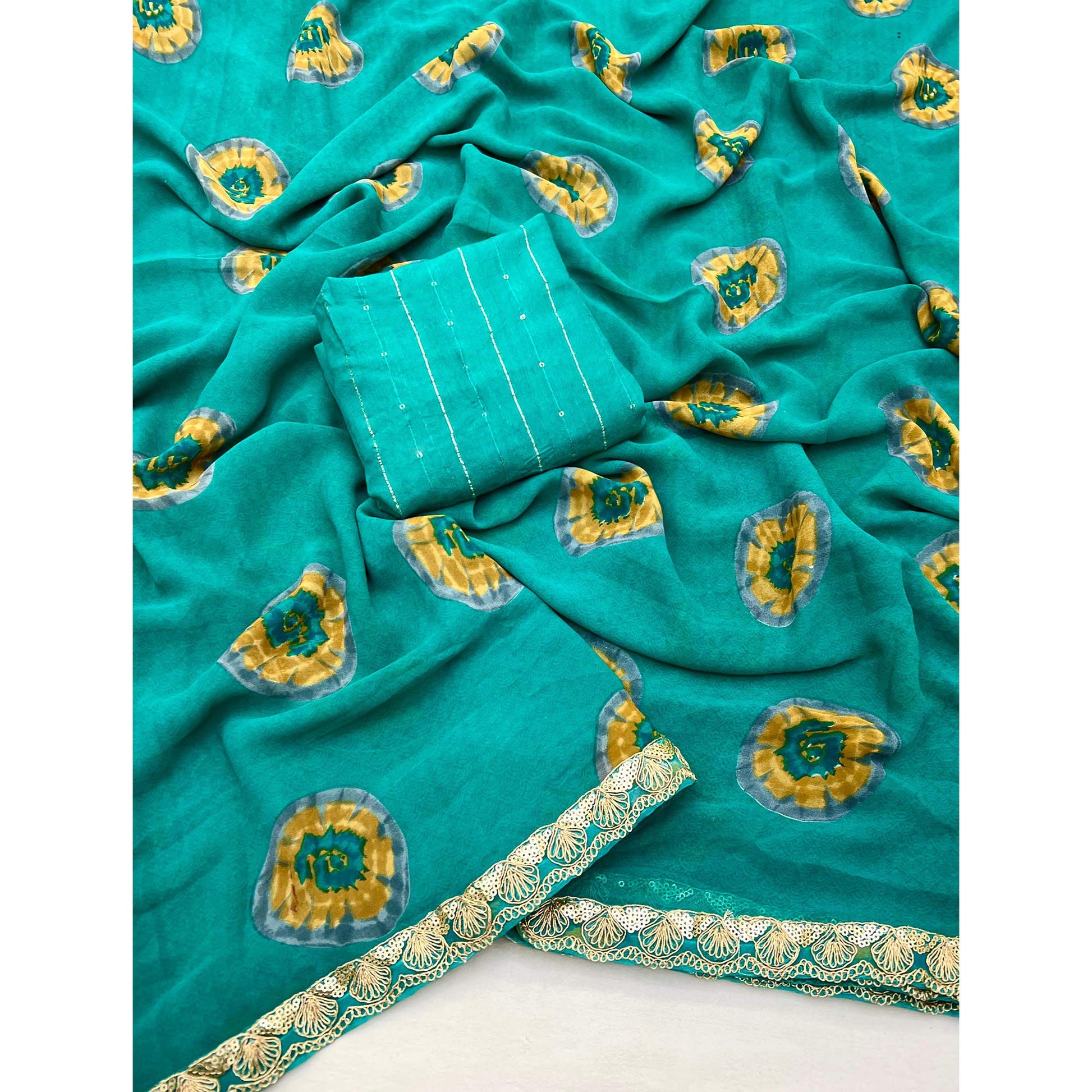 Cyan Green Bandhani Printed Georgette Saree With Sequins Border