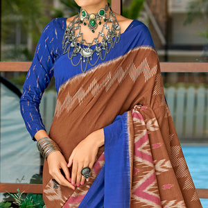 Brown & Blue Ikkat Printed Mulmul Cotton Saree