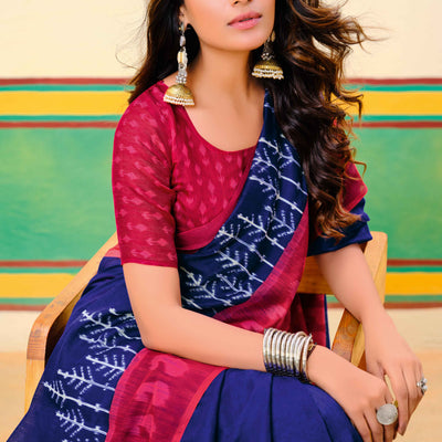 Dark Navy Blue Ikkat Printed Mulmul Cotton Saree
