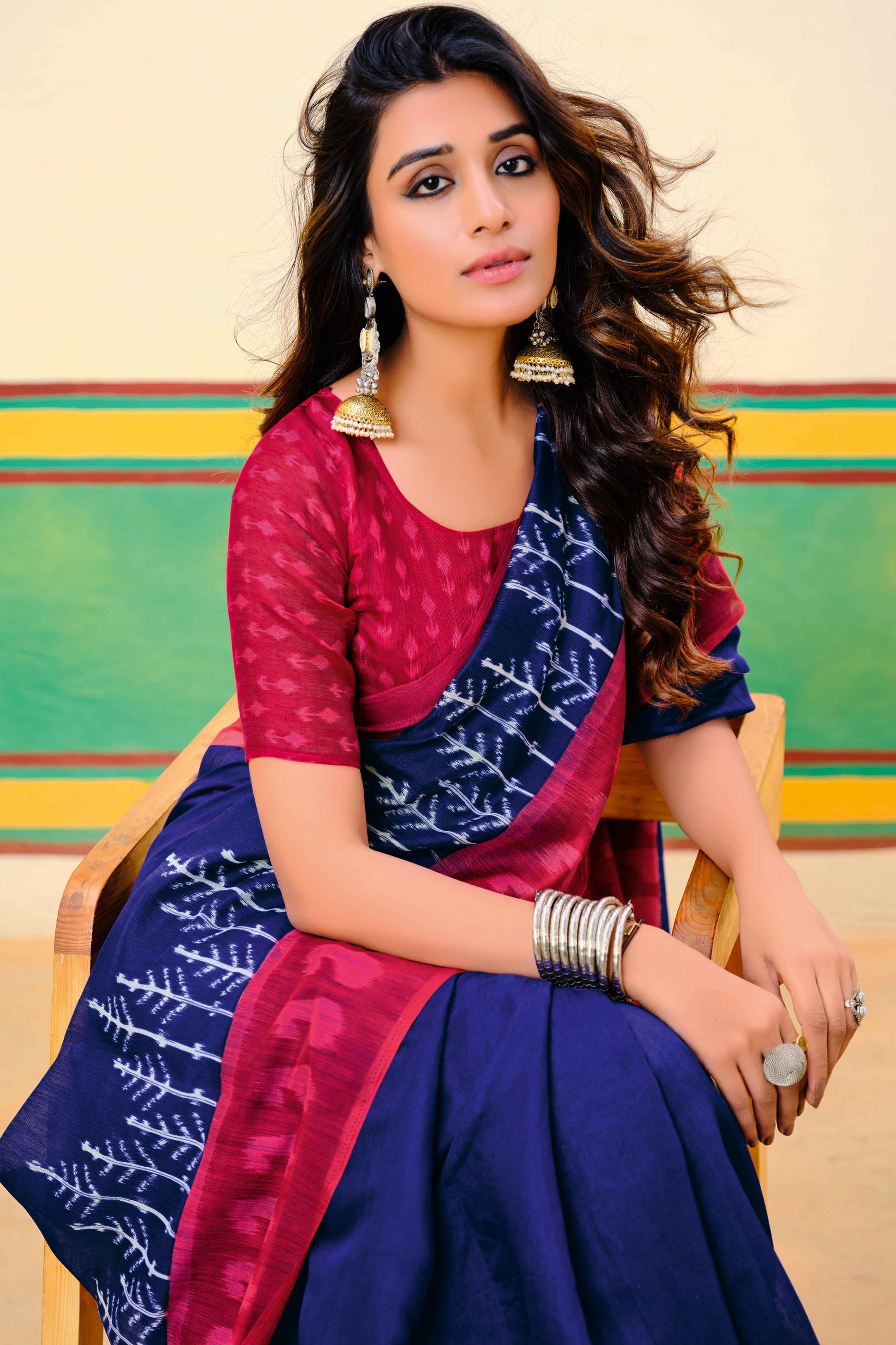 Dark Navy Blue Ikkat Printed Mulmul Cotton Saree