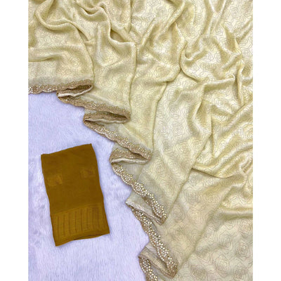 Cream Printed Chiffon Saree With Sequins Embroidered Border