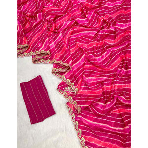 Magenta Leheriya Printed Chiffon Saree With Sequins Embroidered Border