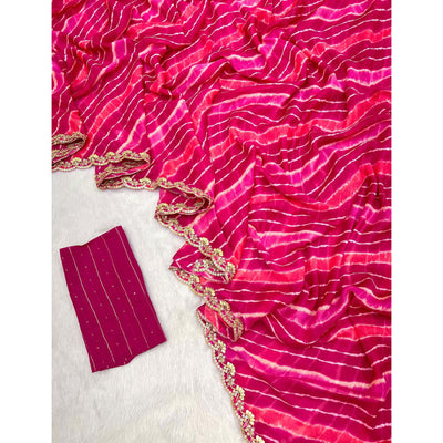 Magenta Leheriya Printed Chiffon Saree With Sequins Embroidered Border