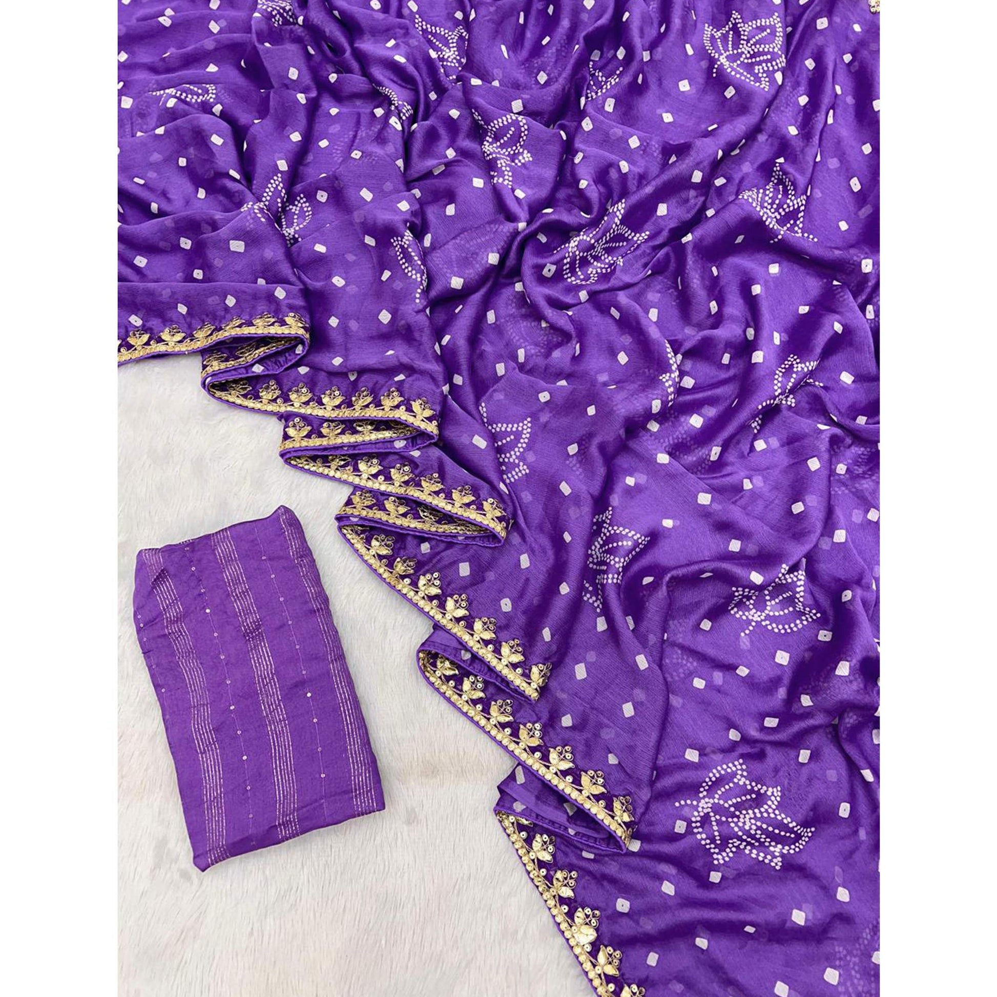 Lavender Bandhani Printed Chiffon Saree With Sequins Embroidered Border