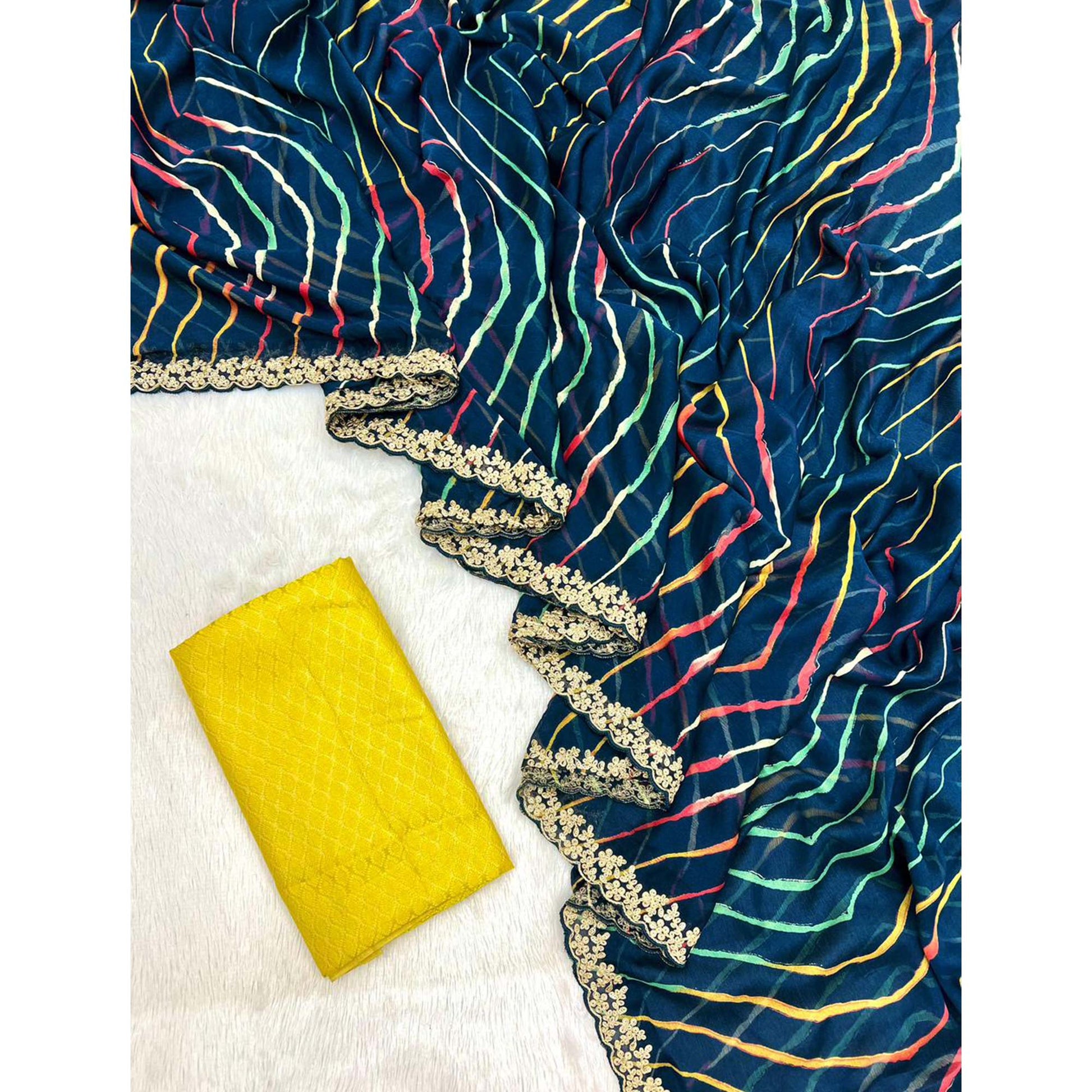 Morpich Blue Leheriya Printed Chiffon Saree With Sequins Embroidered Border