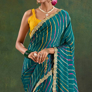 Morpich Green Printed Chiffon Saree With Sequins Border