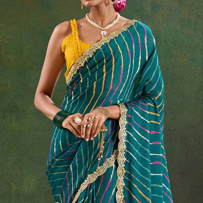 Morpich Green Printed Chiffon Saree With Sequins Border