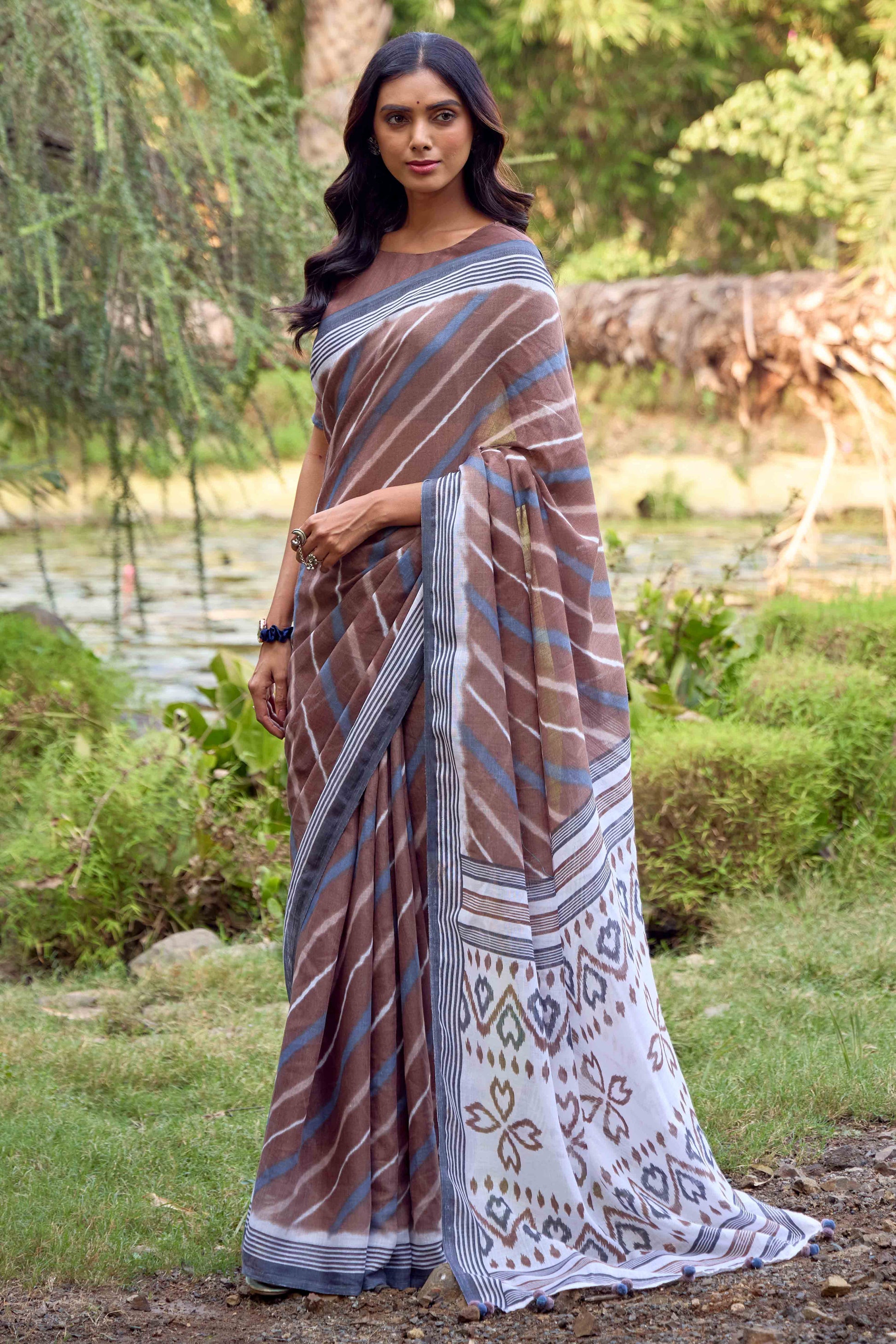 Brown Leheriya Printed Linen Saree