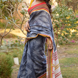 Grey Tie Dye Printed Linen Saree