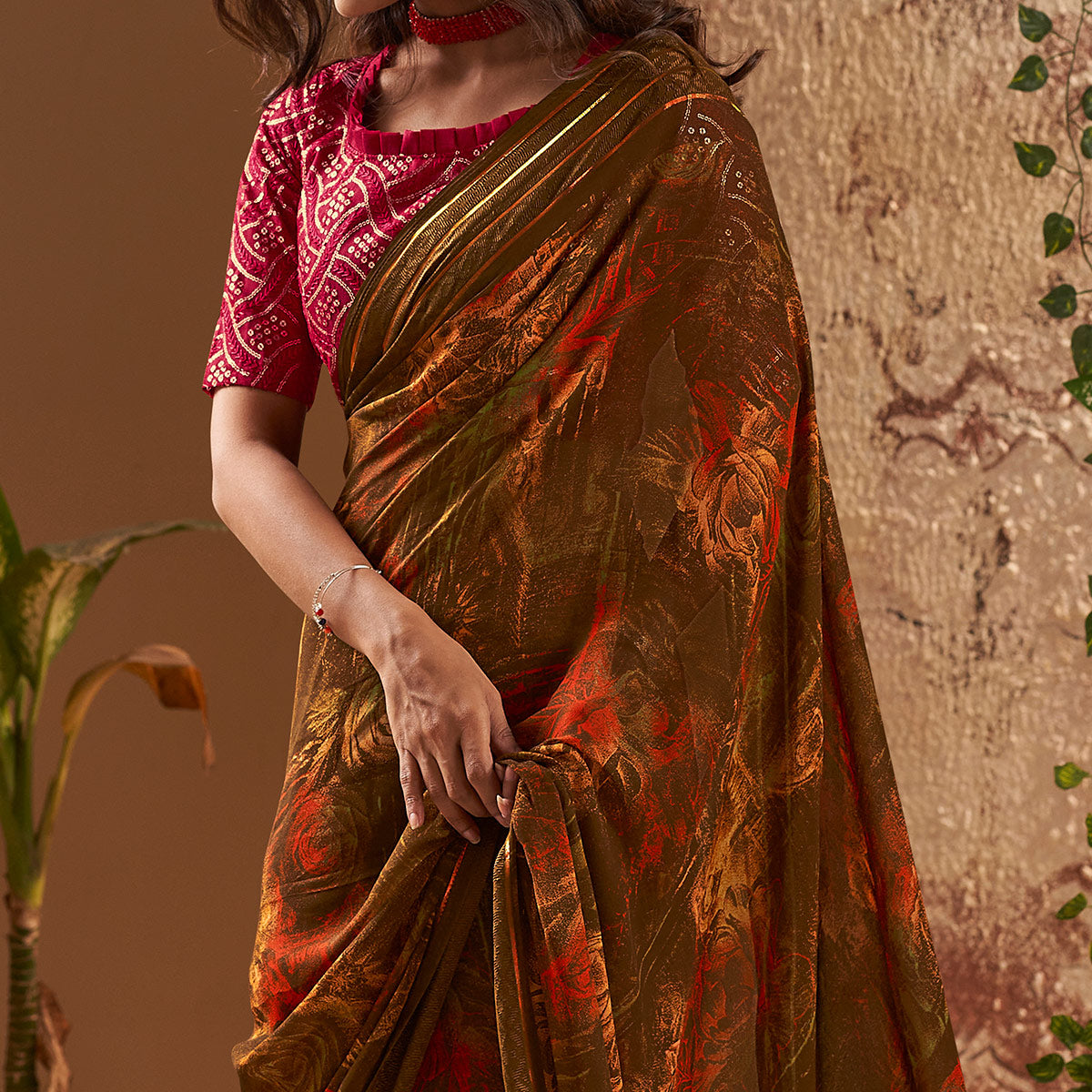 Brown Floral Printed Georgette Saree