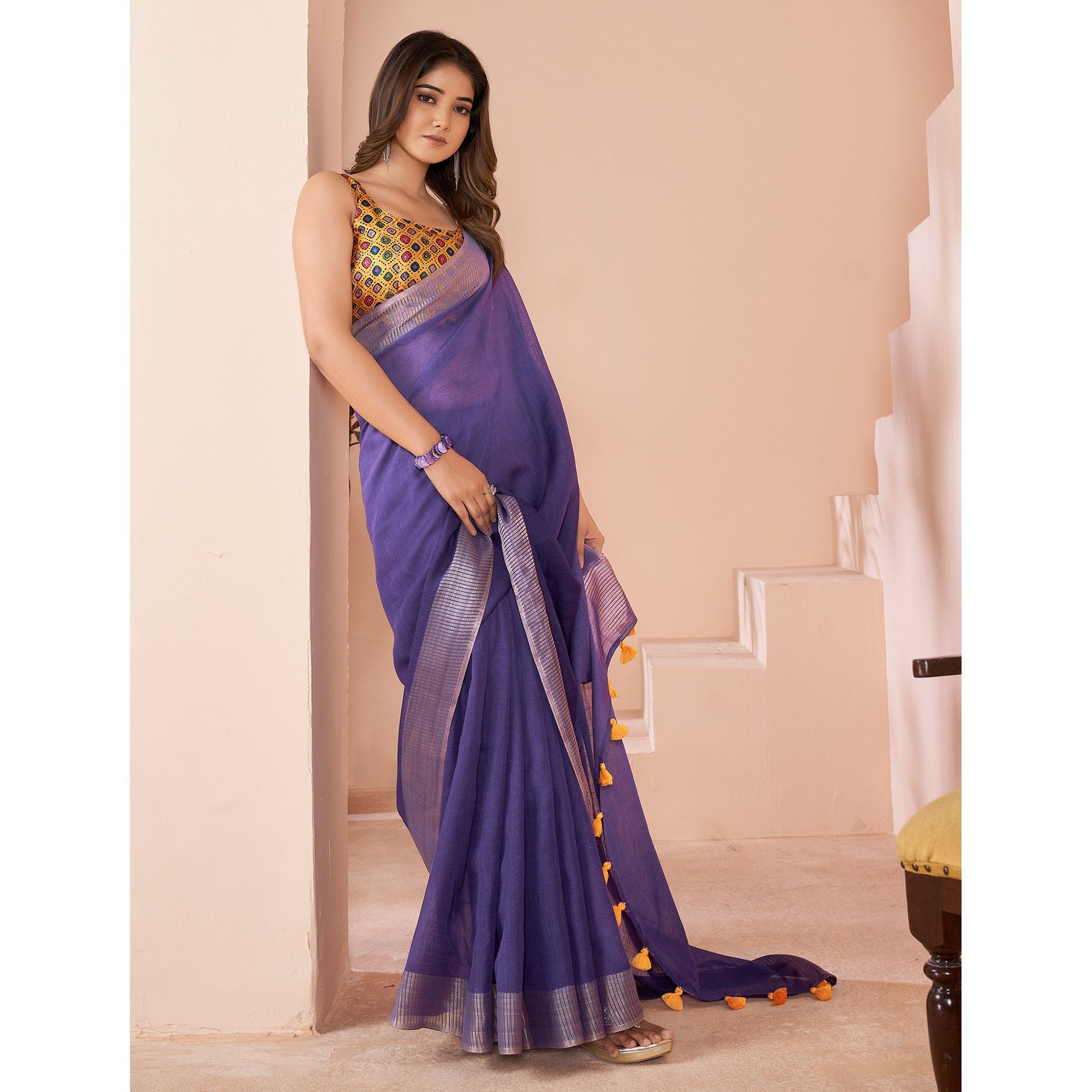 Lavender Woven Linen Saree With Tassels