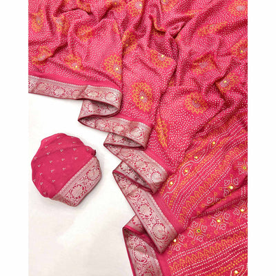 Gajri Pink Bandhani Printed Chiffon Saree