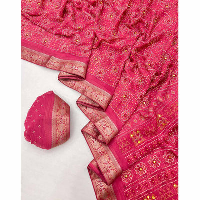 Gajri Pink Bandhani Printed Chiffon Saree