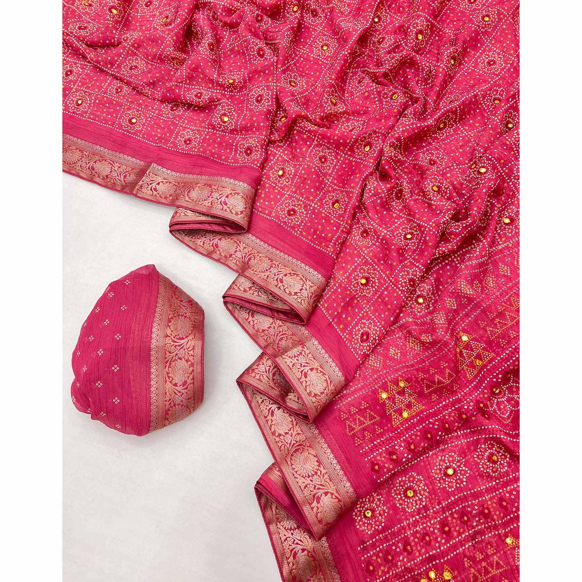 Gajri Pink Bandhani Printed Chiffon Saree