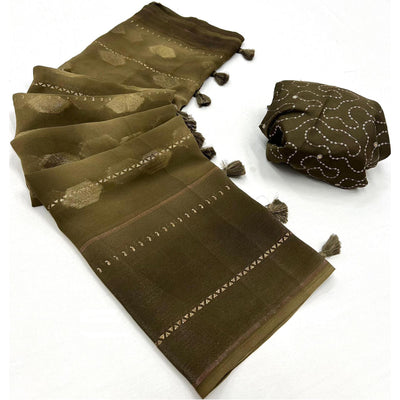 Mehendi Green Woven Fancy Fabric Saree With Tassels