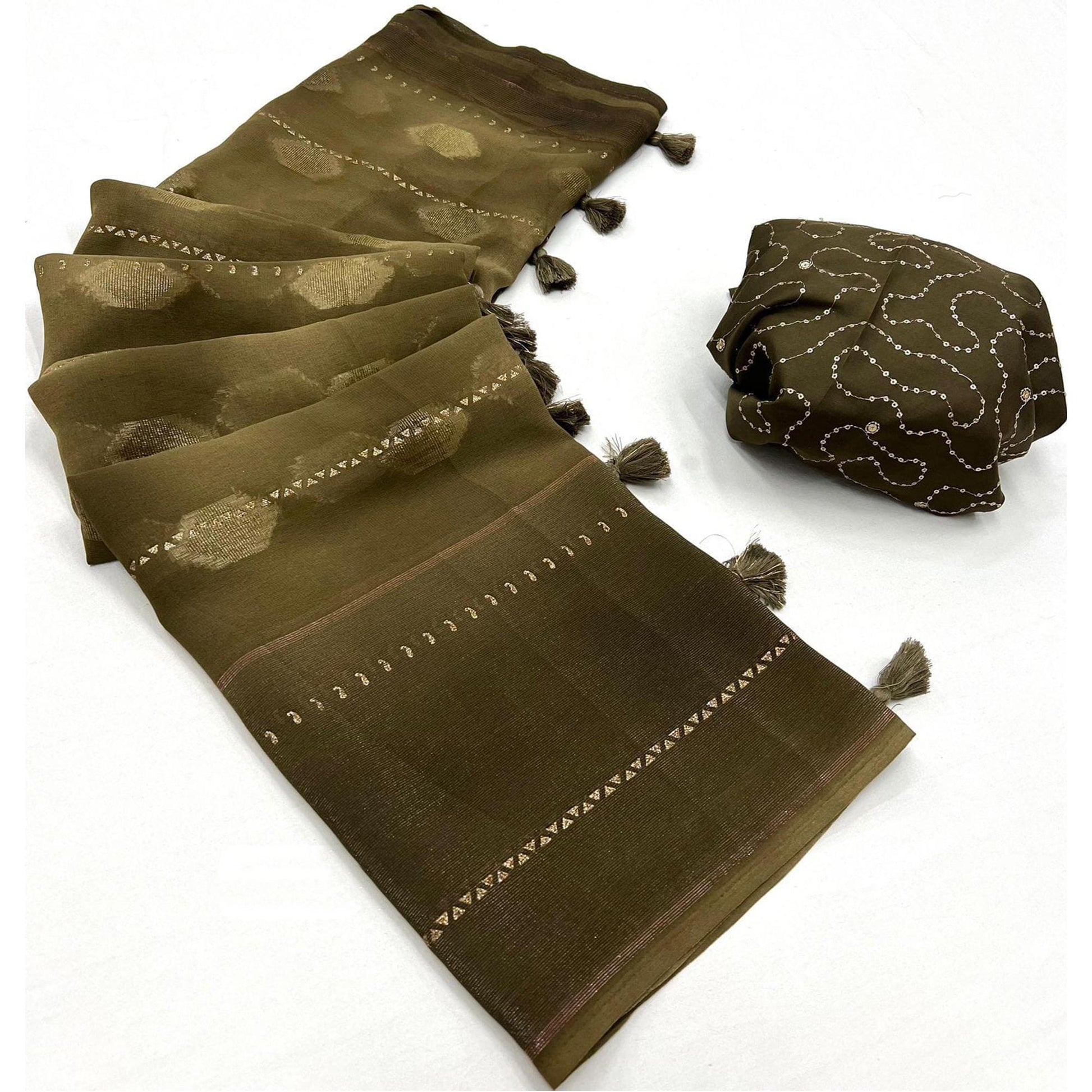 Mehendi Green Woven Fancy Fabric Saree With Tassels