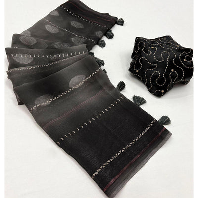 Grey Woven Fancy Fabric Saree With Tassels