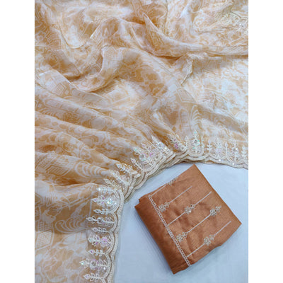 Light Brown Floral Printed Jimmy Choo Tissue Saree With Sequins Embroidered Border