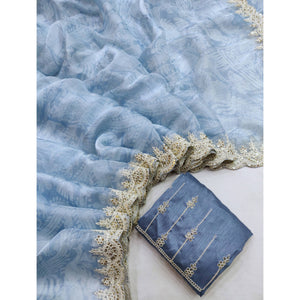 Bluish Grey Floral Printed Jimmy Choo Tissue Saree With Sequins Embroidered Border