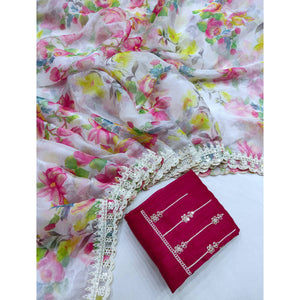 Multicolor Floral Printed Jimmy Choo Tissue Saree With Sequins Embroidered Border