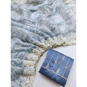 Bluish Grey Floral Printed Jimmy Choo Tissue Saree With Sequins Embroidered Border